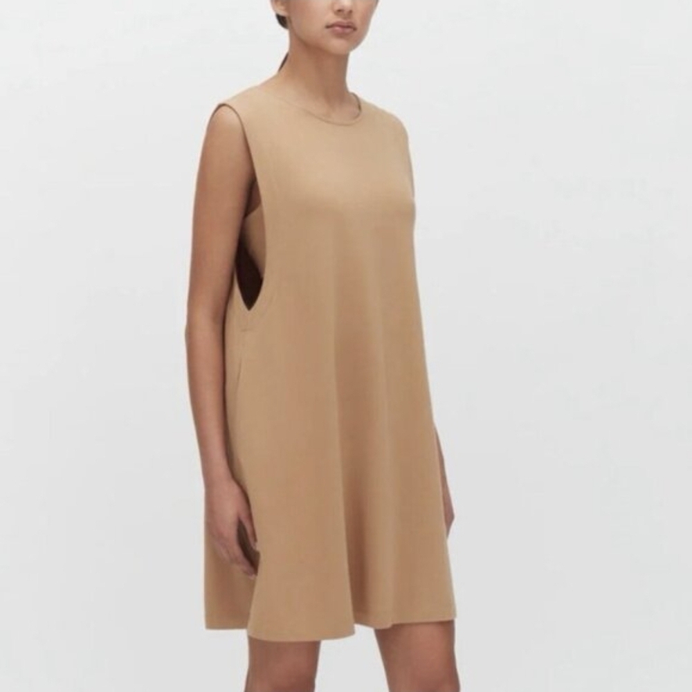 Cuyana Sleeveless A-Line Mini Dress in Camel Tan